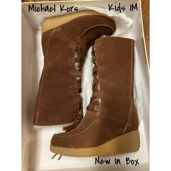 Michael Kors Miss Vanessa Brown Lace-Up Suede Wedge Boots Size 1M New In Box - Picture 1 of 7
